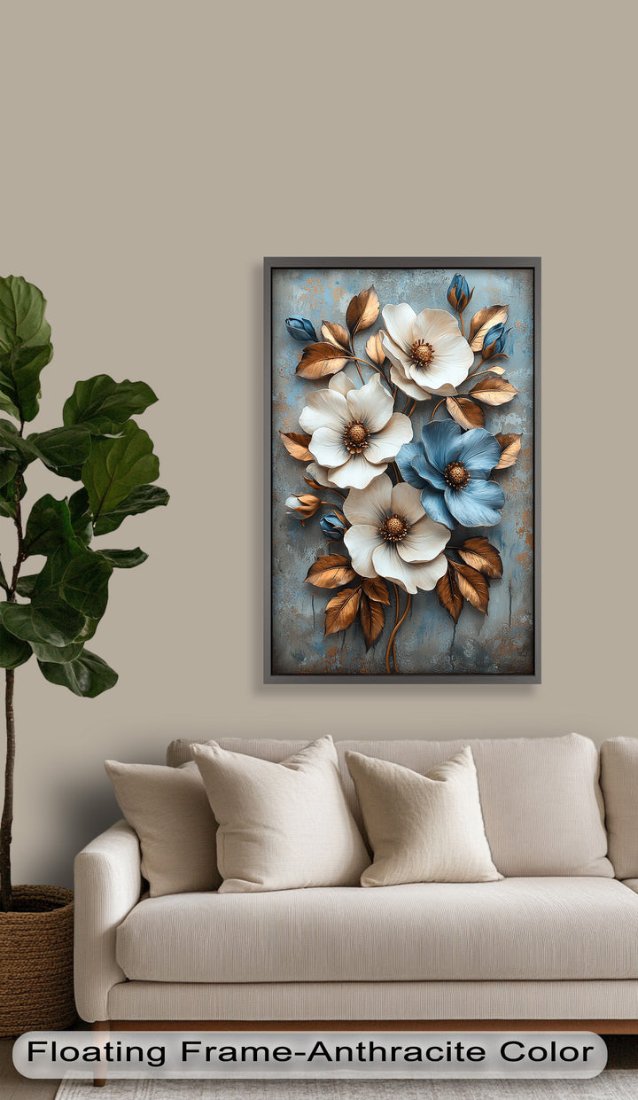 Gilded Petals – Luxuriöses Ölgemälde mit weißen und blauen Blumen