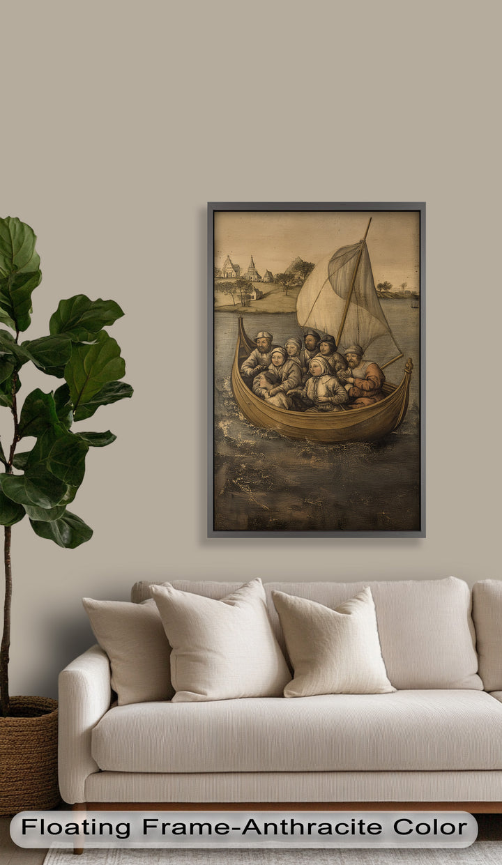 Medieval Sailors in Wooden Vessel - Historic Oil Painting