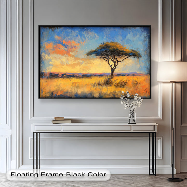 An artistic interpretation of a warm, windswept savanna at dusk, with bold strokes and vibrant sunset colors.

