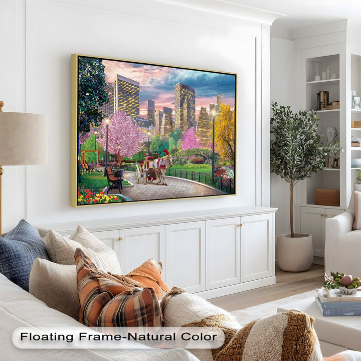 A vibrant city park artwork showcasing lush greenery, pink blossoms, and a vintage carriage ride, blending nature and urban beauty
