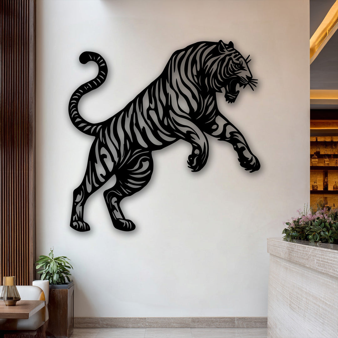 Delicate pink and green flowers adorn the counter, beautifully contrasting with the fierce tiger silhouette decorative metal art on the adjacent wall.