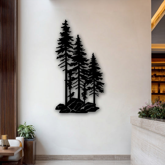 The serene ambiance of nature's beauty is captured in this dark forest pine trees metal art for wall, featuring a bird on rocks.