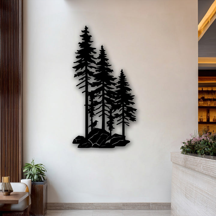 The serene ambiance of nature's beauty is captured in this dark forest pine trees metal art for wall, featuring a bird on rocks.