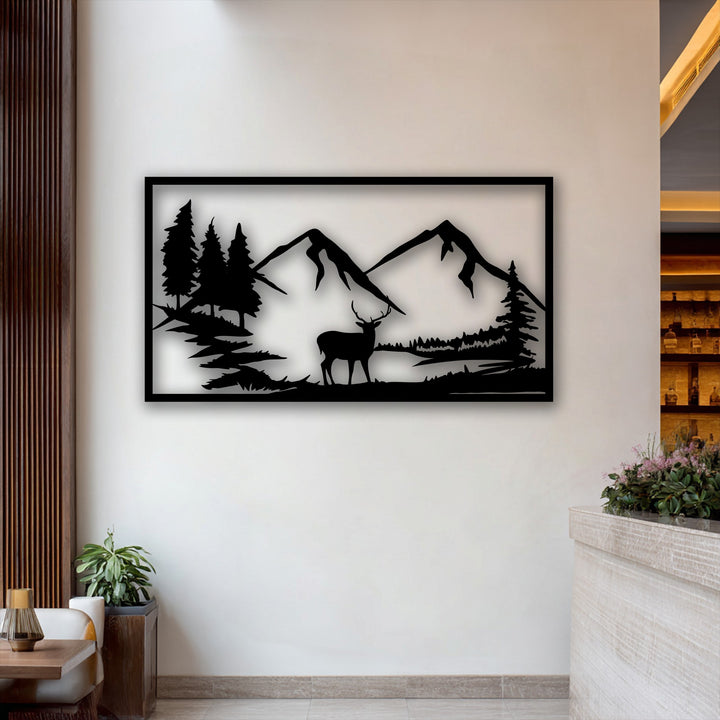 The stark contrasts of light and shadow define the majestic mountain deer silhouette metal art for wall, highlighting its nature landscape design.