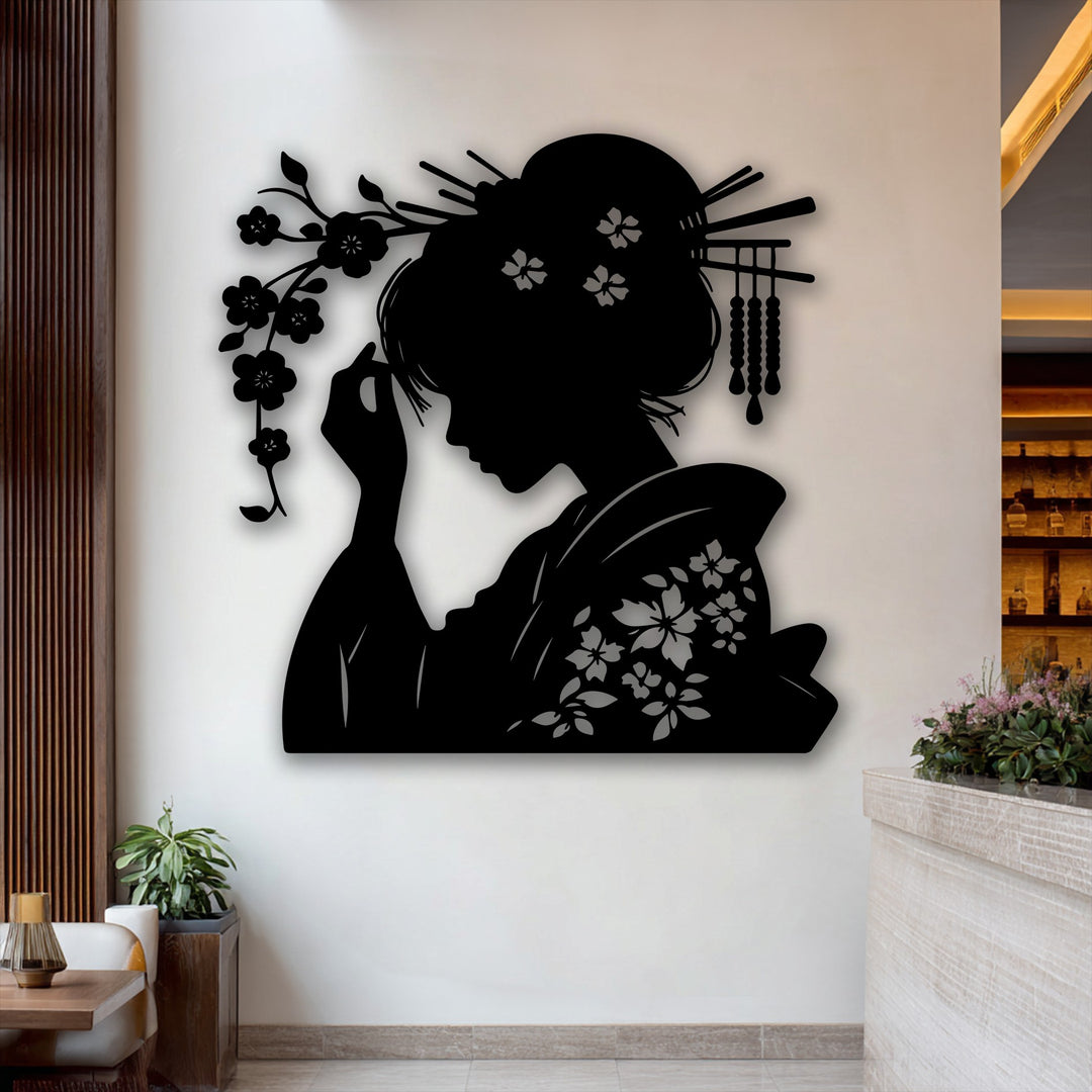 The darkest area showcases an elegant Geisha oriental silhouette metal artwork, adorned with delicate cherry blossom details and intricate hair ornaments.