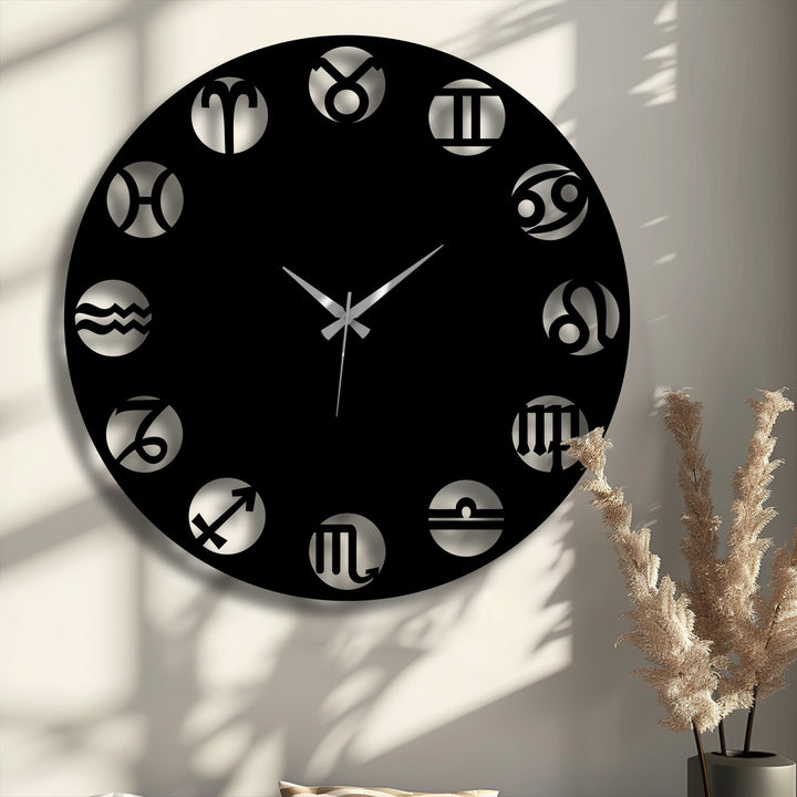 This sleek and durable unique metal wall art clock features precise cutouts of twelve zodiac symbols, showcasing exceptional craftsmanship.