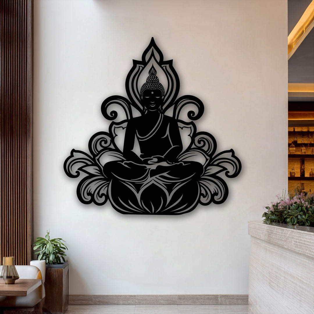 The darkest area reveals a striking black silhouette of the Serene Buddha Lotus design, an elegant metal art for wall piece.