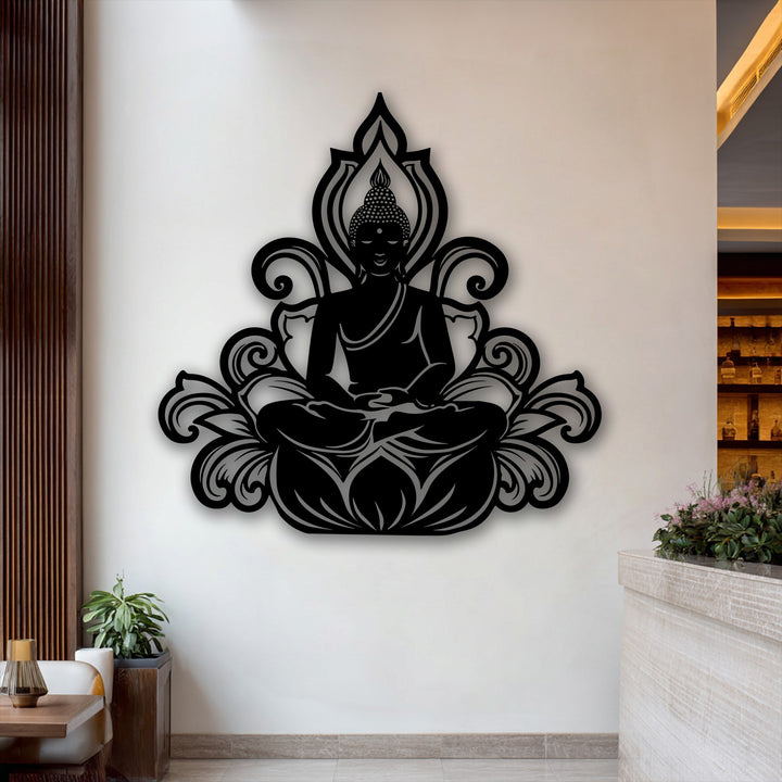 The darkest area reveals a striking black silhouette of the Serene Buddha Lotus design, an elegant metal art for wall piece.