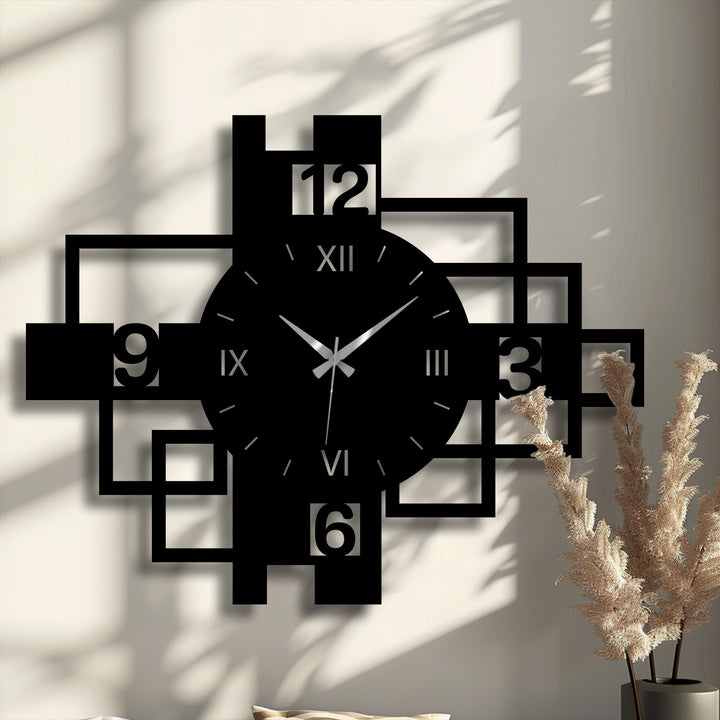 Intriguing negative space shapes the modern geometric metal wall clock, creating an eye-catching decoration wall art framed by a square design with Roman numerals.