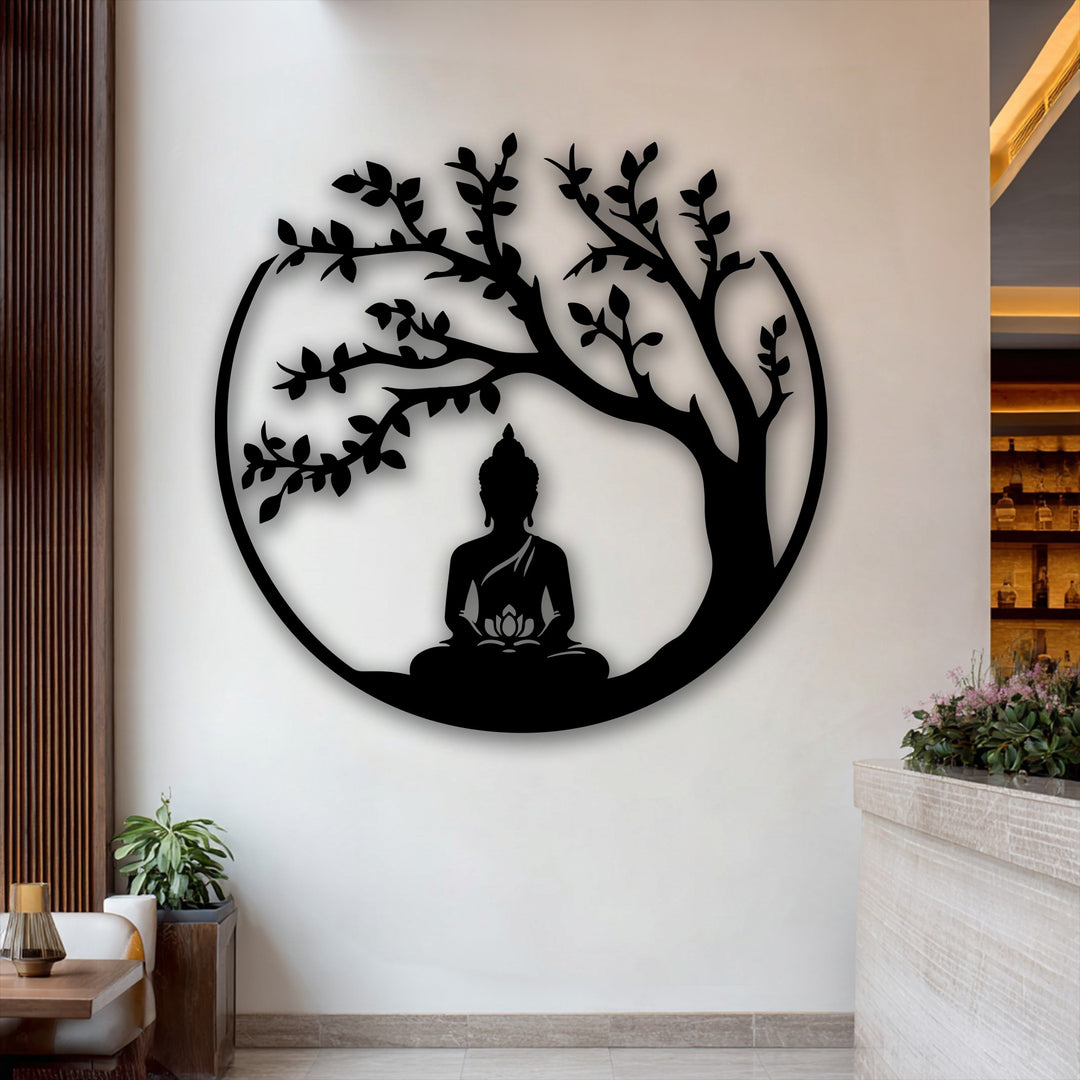 With a warm color temperature, the unique metal wall art showcases a Zen Buddha tree design, creating a spiritual focal point with its peaceful, circular decor.