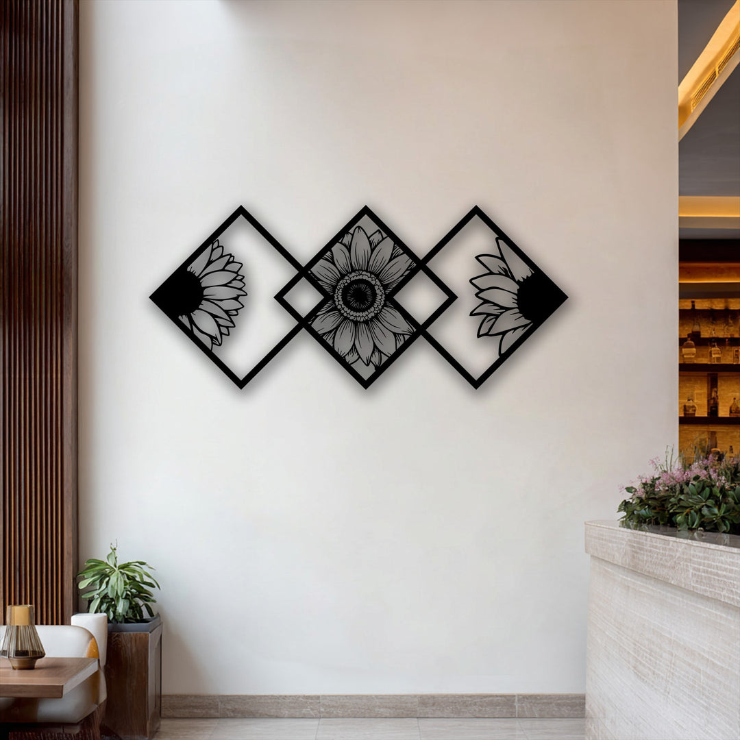The realistic detail of the unique metal wall art showcases three geometric sunflower panels with intricate floral designs.