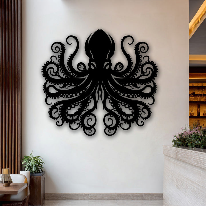 The fluid design of the octopus tentacle metal decoration wall art dramatically captures an ocean creature's graceful movement across the wall.