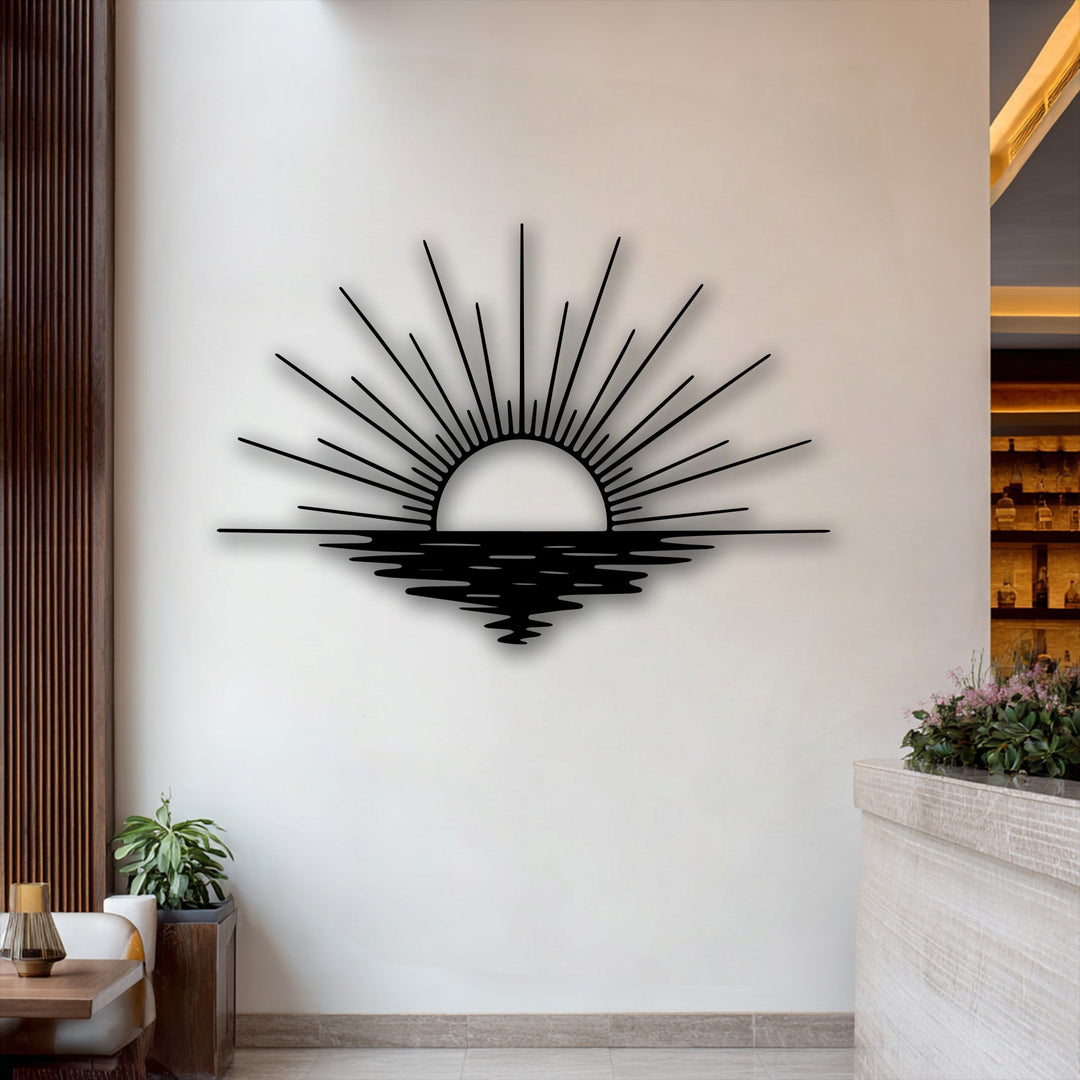 The abstract quality of this metal wall decor beautifully renders sun rays over an ocean reflection, creating a striking minimalist sunset design.