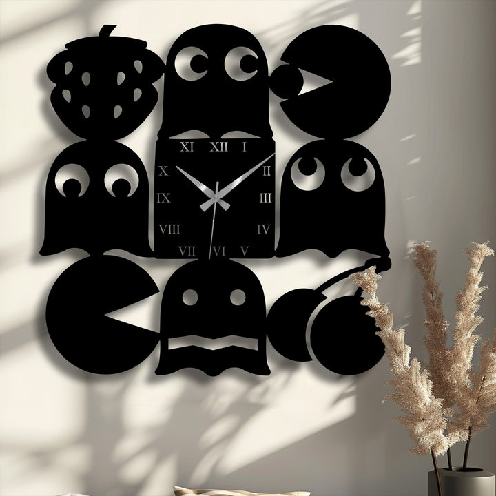 Soft, wispy dried plants gently complement the playful Retro Arcade Metal Wall Clock design, a unique piece of decoration wall art.