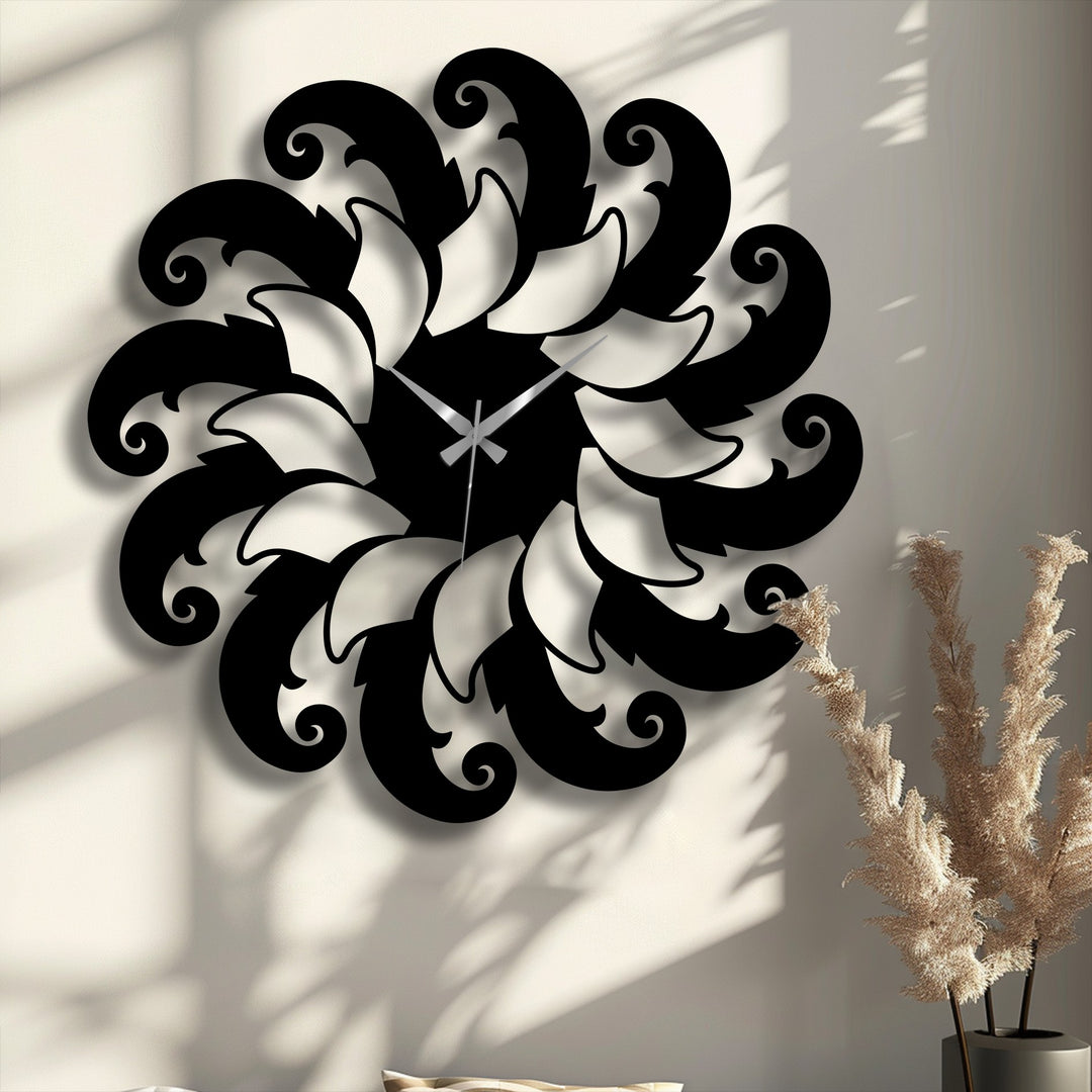 The elegant decoration wall art features a striking transition between the bold black and crisp white elements of its floral spiral metal wall clock design.