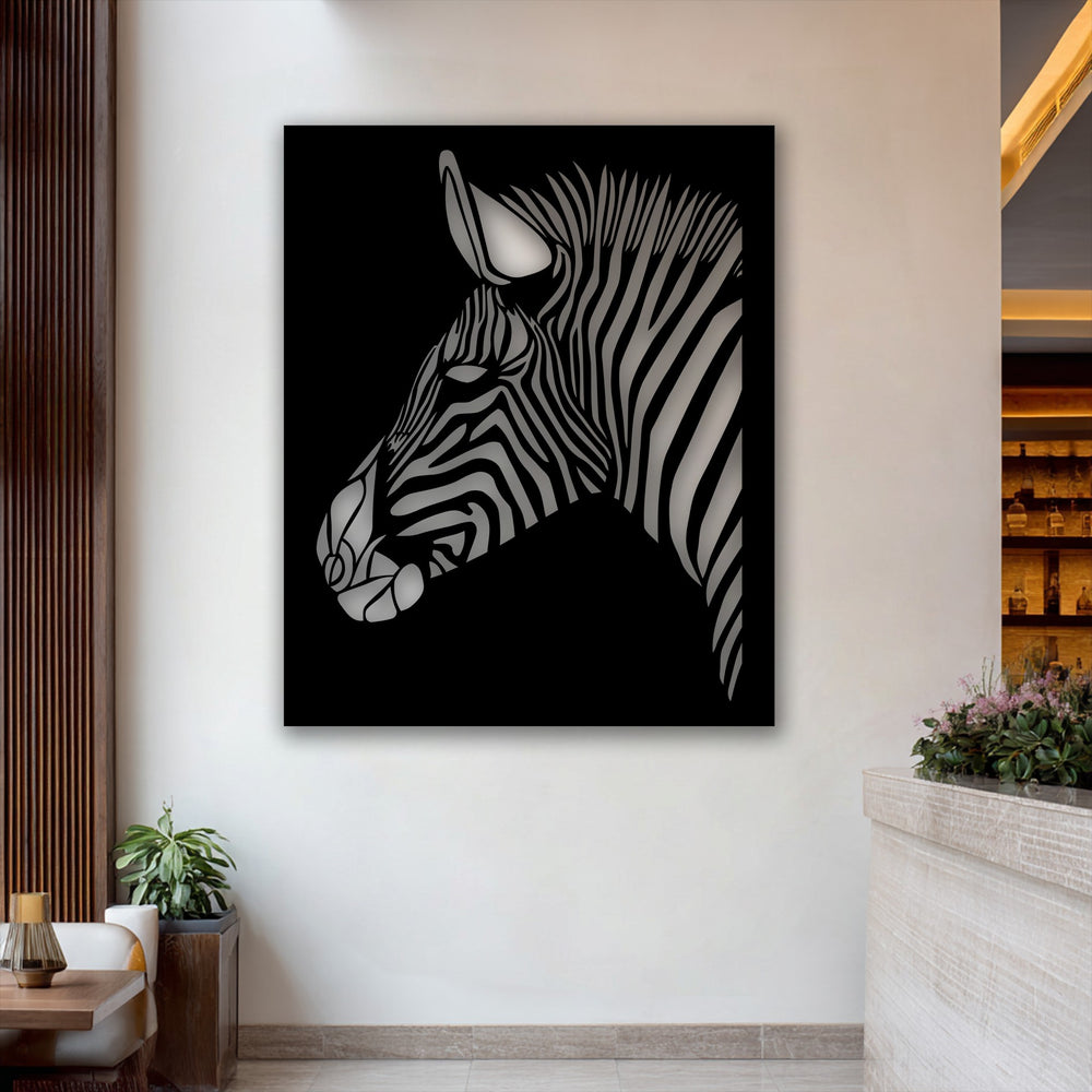 A striking metal wall art piece featuring a zebra's head with elegant black and white stripes, creating captivating decoration wall art.