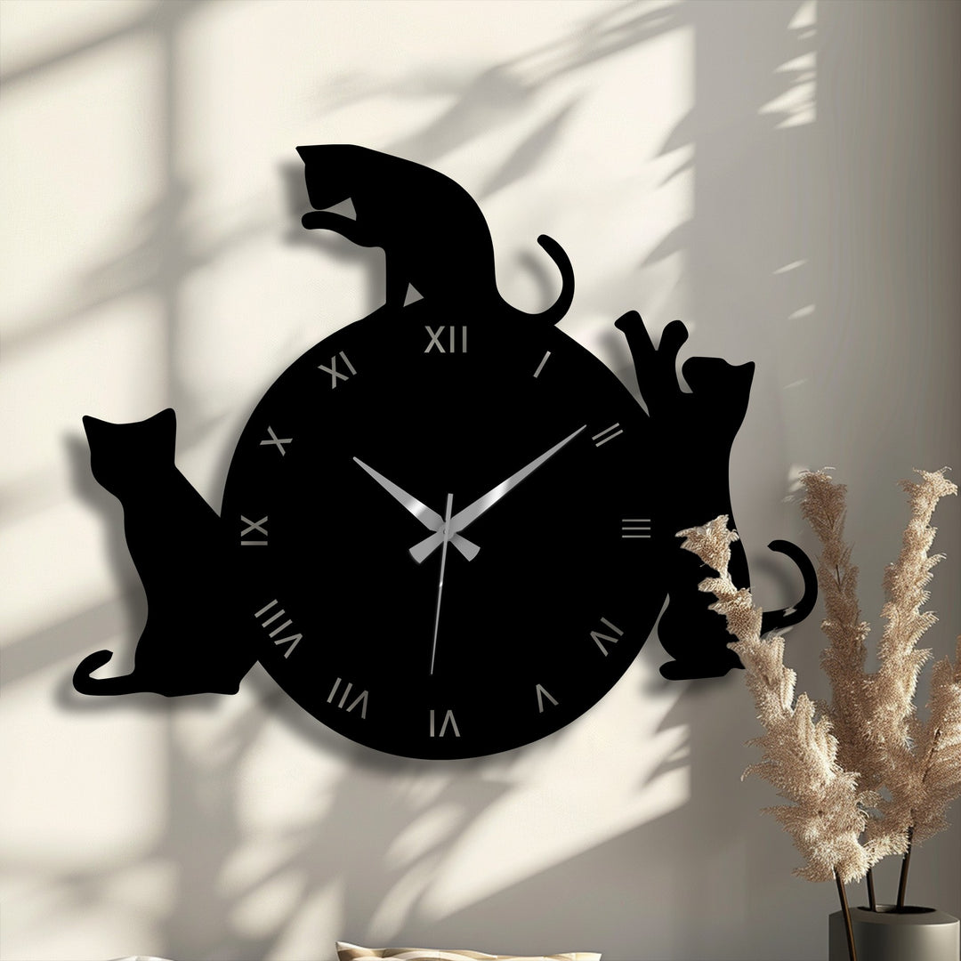 Playful Cat Silhouette Roman Numeral Metal Wall Clock
