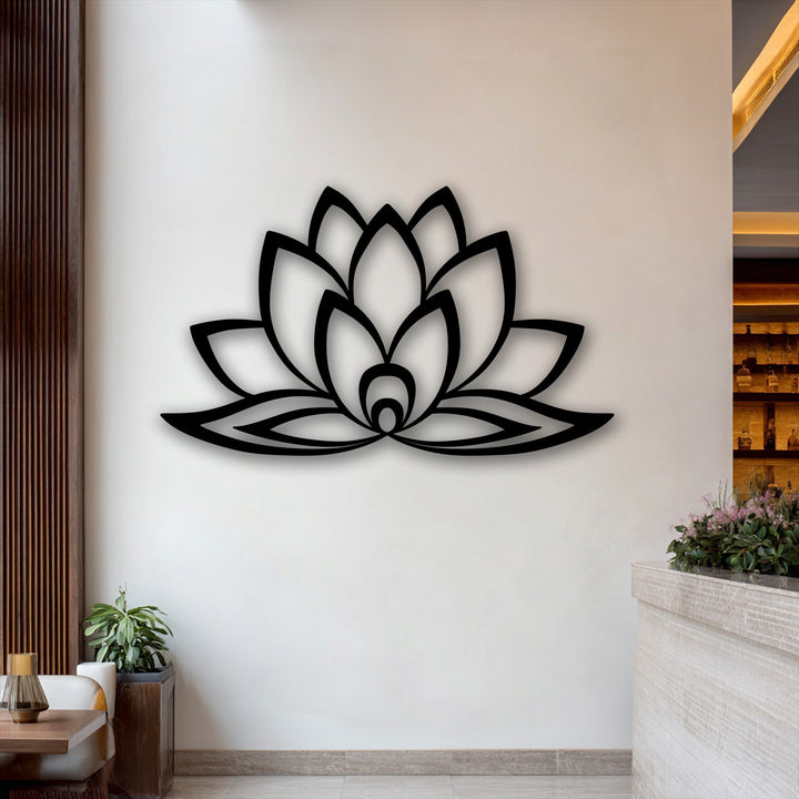 The abstract quality of this elegantly stylized minimal lotus decorative metal art evokes a serene, zen ambiance.