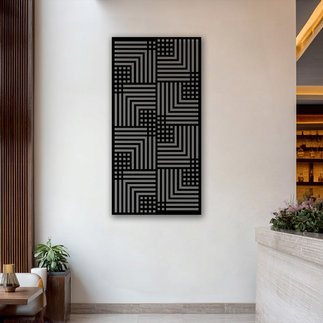 The stillness of the geometric rhythm in this modern linear pattern decorative metal art adds a quiet sophistication to the contemporary space.