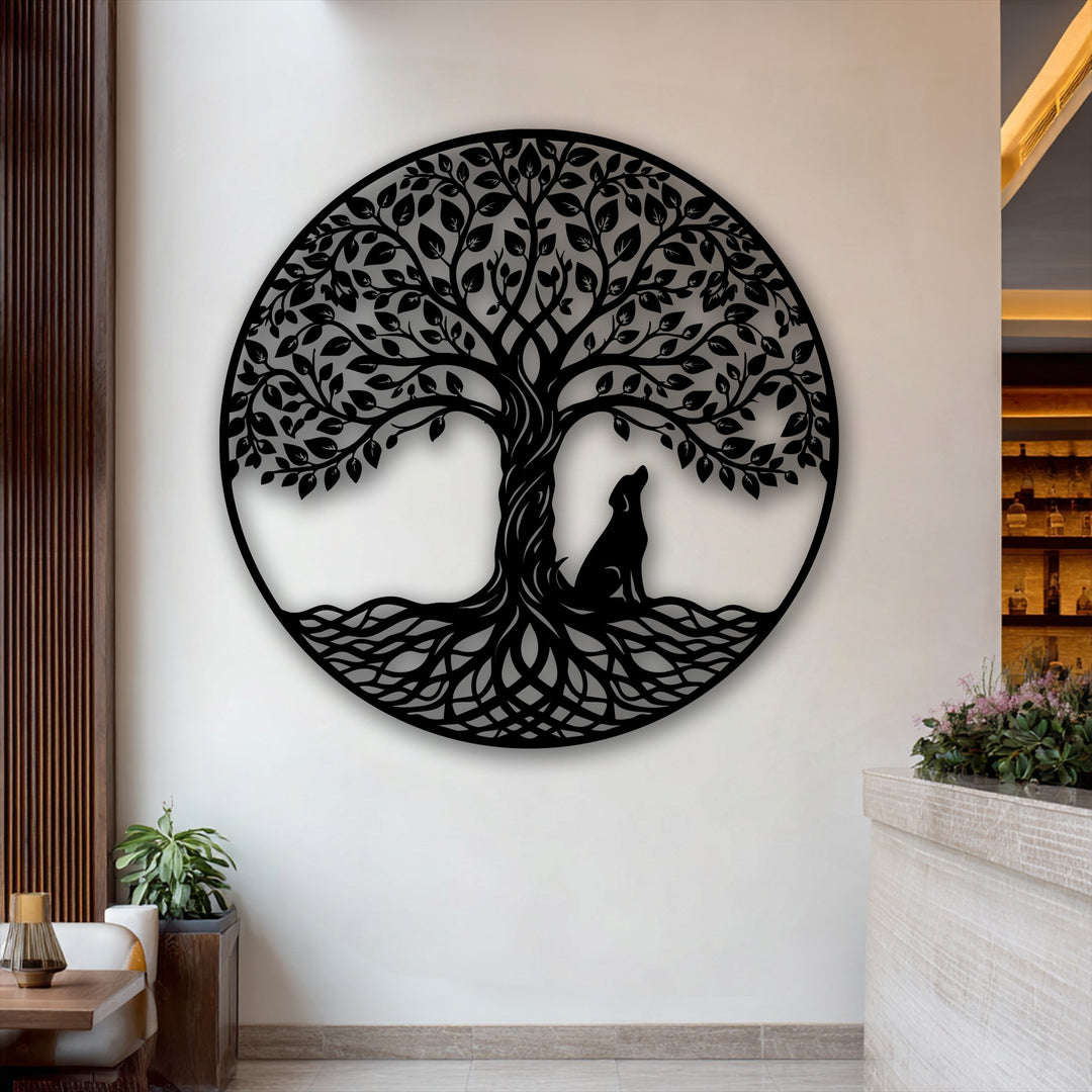 With subdued color saturation, this metal wall decor showcases a striking black Tree of Life with a wolf silhouette against a light wall.