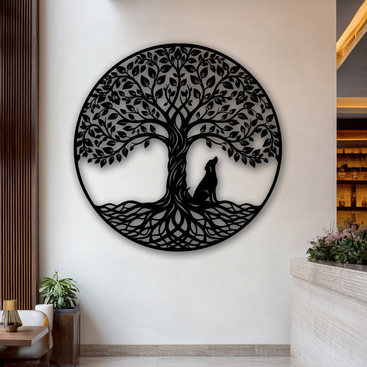 With subdued color saturation, this metal wall decor showcases a striking black Tree of Life with a wolf silhouette against a light wall.