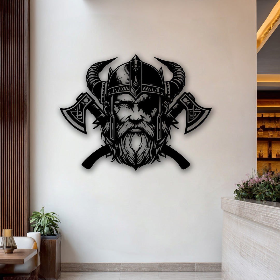 Bright, neutral color temperature highlights the fierce Viking Warrior with Horned Helmet and Axes metal wall decor.