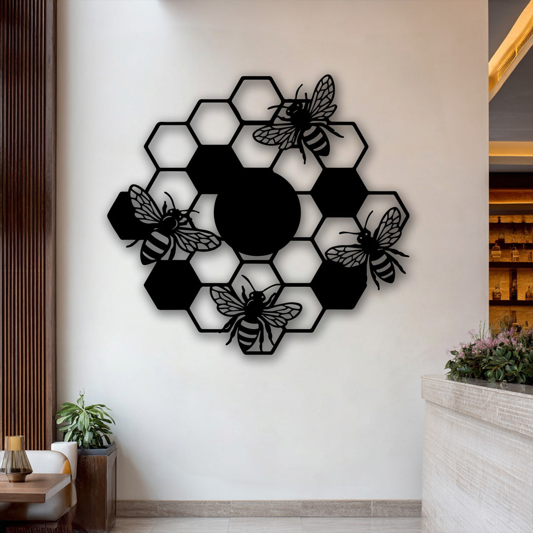 Emphasizing realistic detail, this black honeycomb bees metal wall decor displays highly defined bees with segmented bodies and intricate wings.