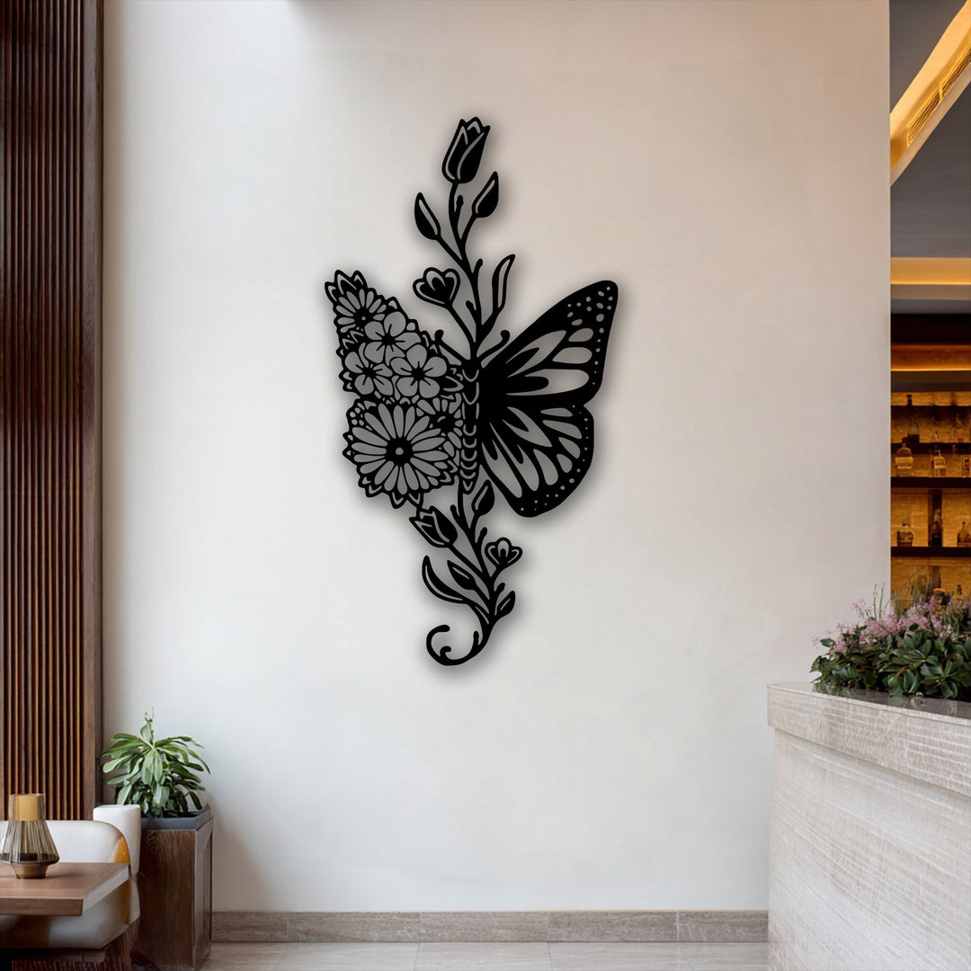 Floral Butterfly Fusion – Elegant Nature Metal Wall Art