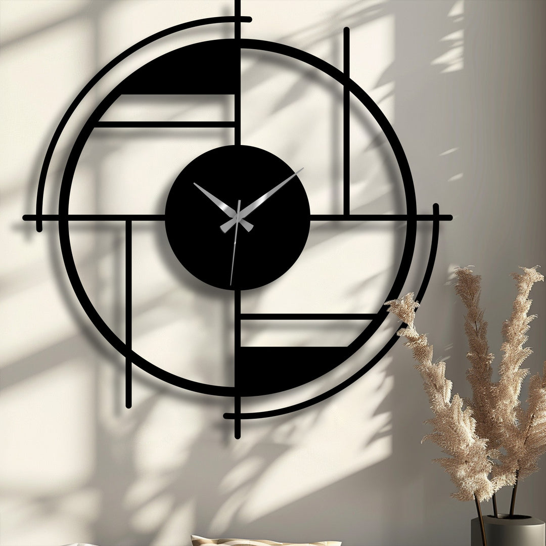The darkest area highlights the sleek, black geometric circle metal wall clock, a unique metal wall art piece with an abstract line design.