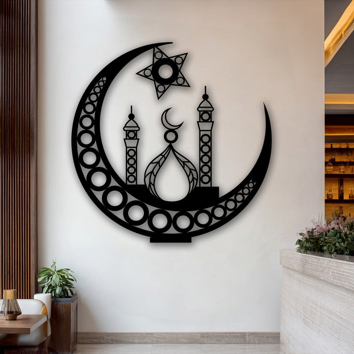 The Islamic crescent moon mosque metal art for wall exhibits distinct depth and layers with its raised silhouette against the clean background.