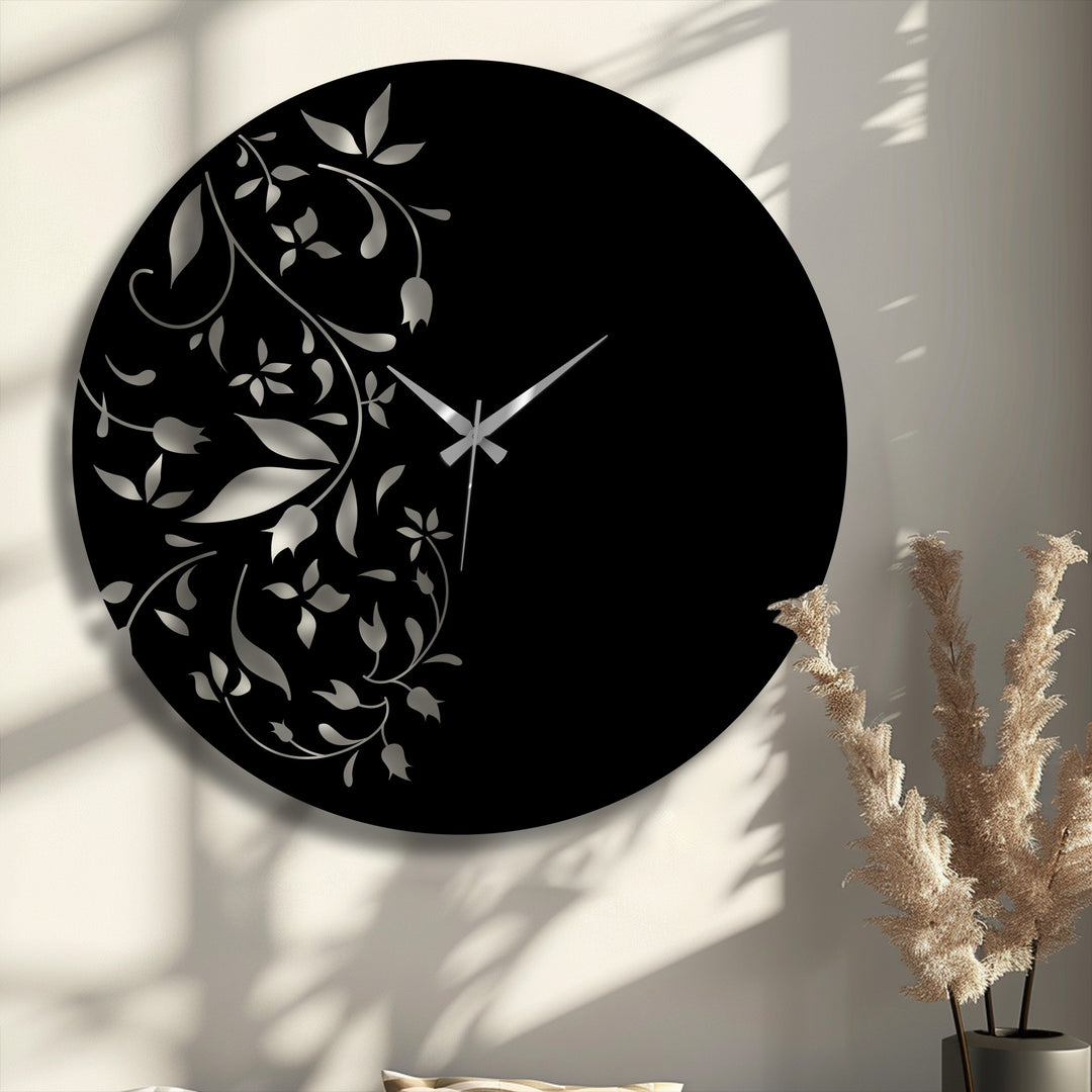 Showing the realistic detail in the floral elegance metal art for wall clock, which features a minimal leaf design.