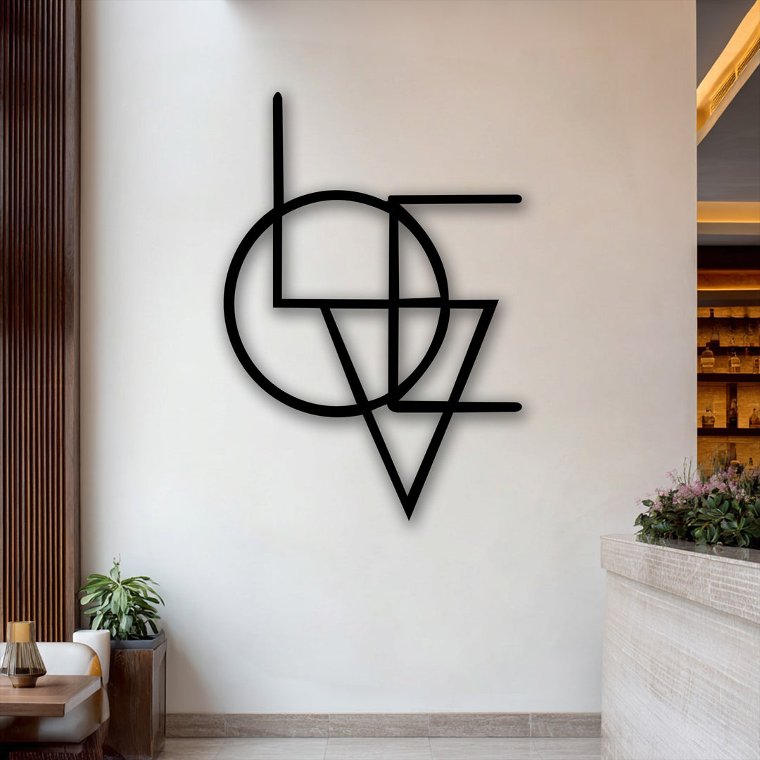 The bold abstract geometry fusion, a modern minimal metal wall decor, commands attention on the bright white wall.