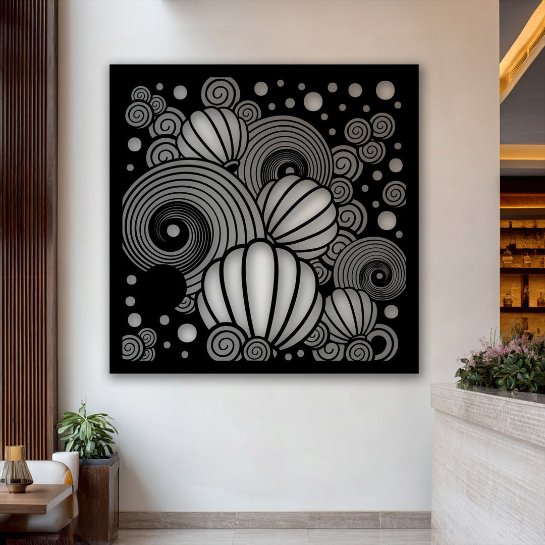 Abstract decoration wall art featuring a dynamic composition of stylized balloons, intricate spirals, and diverse dots in monochromatic tones for modern spaces.
