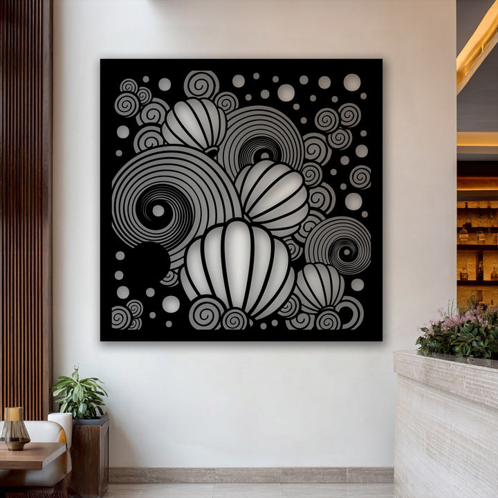 Abstract decoration wall art featuring a dynamic composition of stylized balloons, intricate spirals, and diverse dots in monochromatic tones for modern spaces.