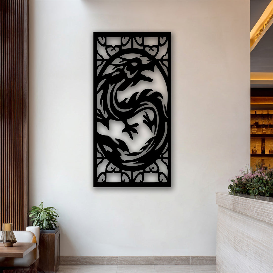 The intensely saturated black of the fierce dragon metal artwork creates a crisp contrast against the room's muted, desaturated tones.