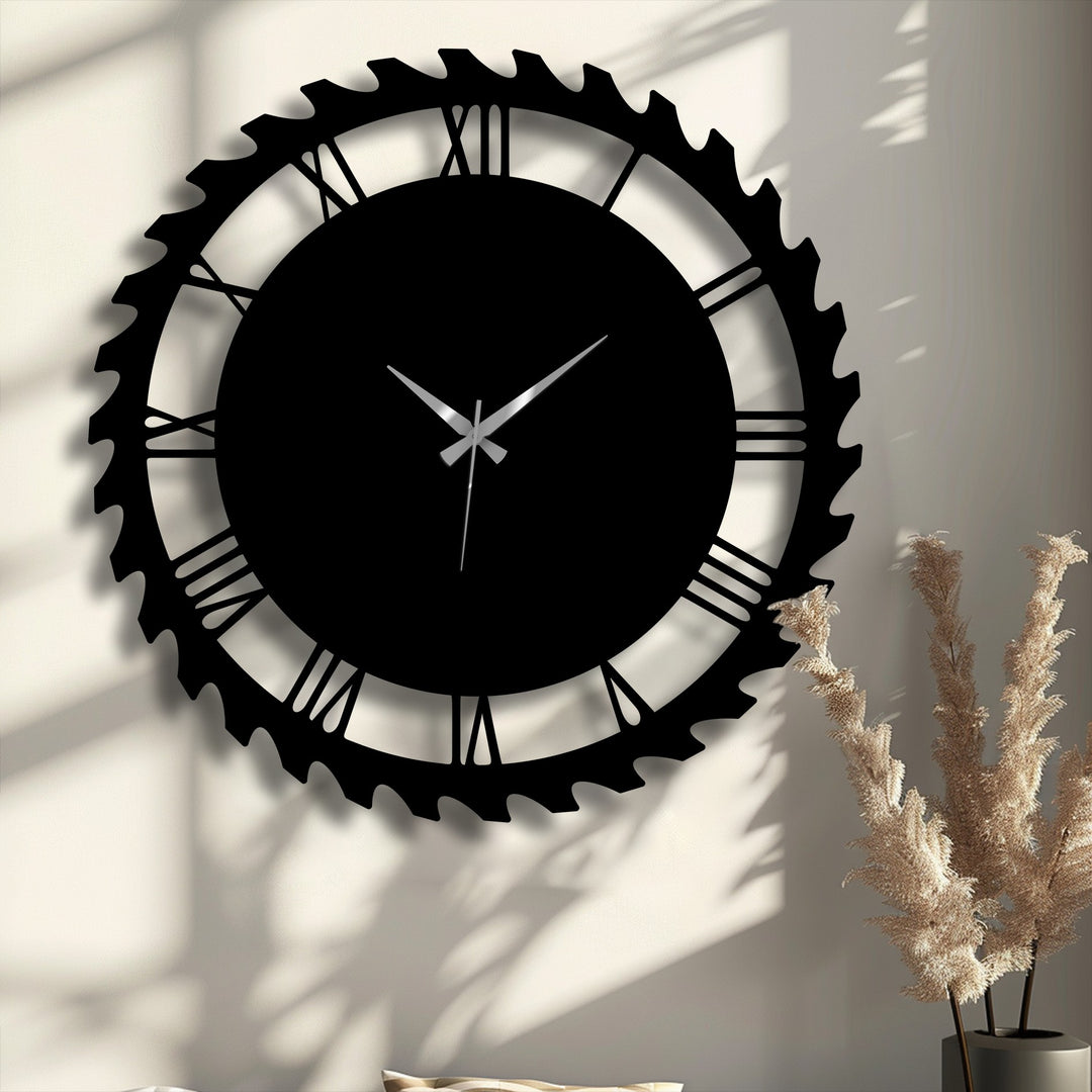 The striking saw-blade edge and prominent Roman numeral borders define this industrial gear style decorative metal art clock.