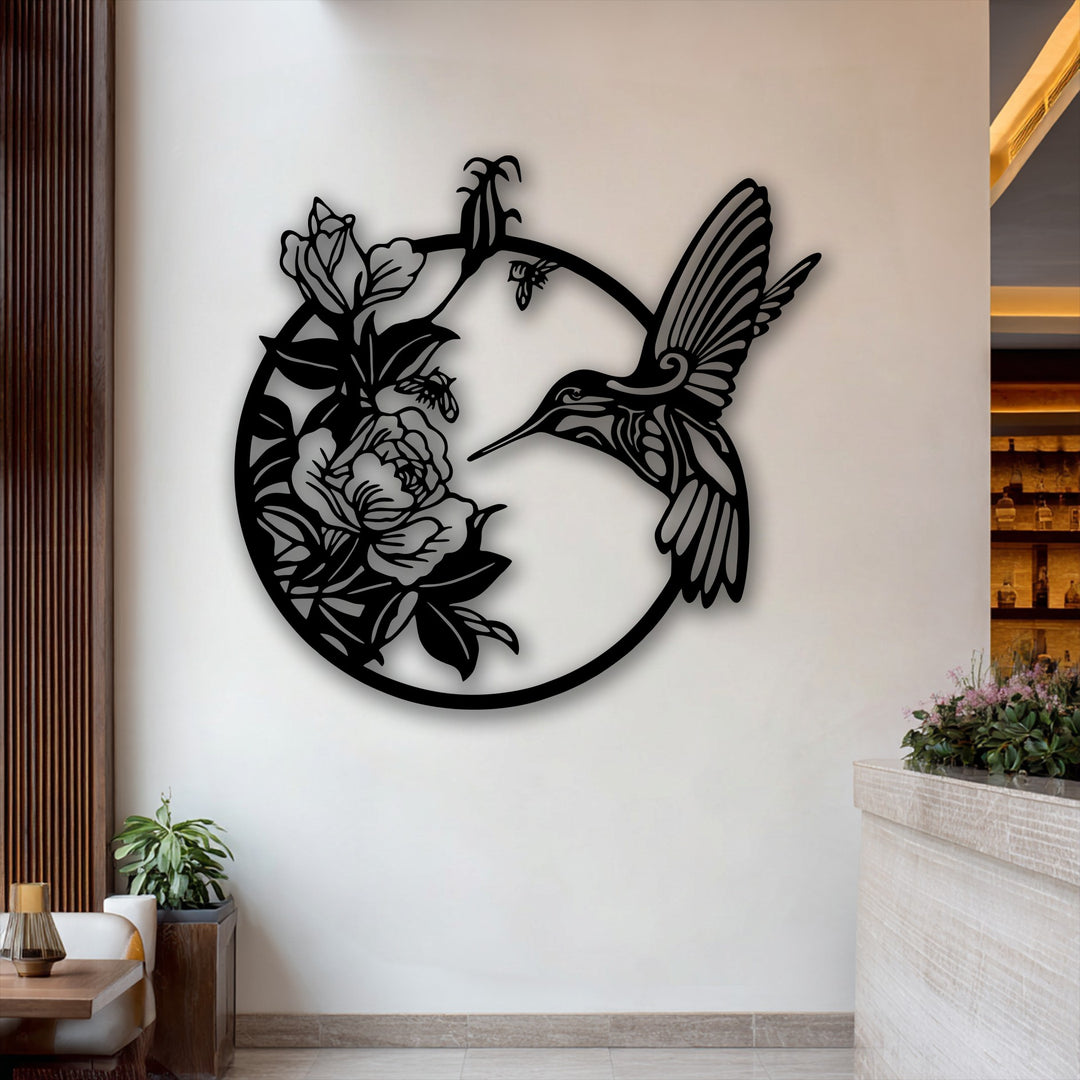 A bright white wall frames the graceful hummingbird metal art for wall, with warm wooden accents and a sophisticated bar setting.