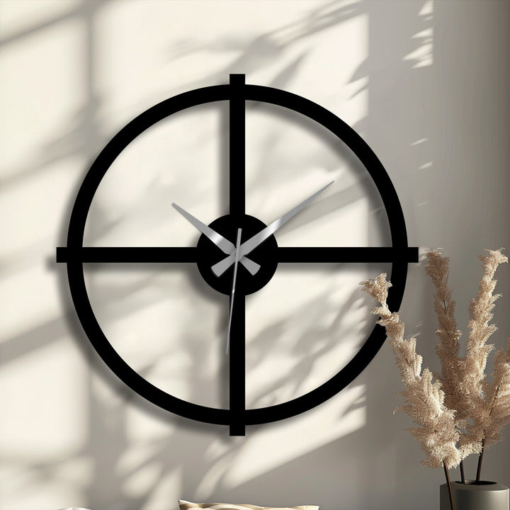 A minimalist black metal wall clock's hands appear to sweep across the unique modern wall decor, implying the perpetual passage of time.