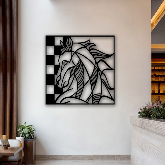 The organic forms of an abstract horse head are elegantly depicted in this black metal artwork, featuring flowing lines and a partial checkered pattern.