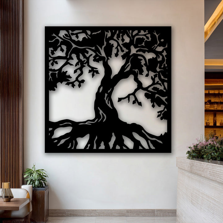 The most striking element is a grand black tree silhouette with intricate roots and branches, serving as captivating metal art for wall.