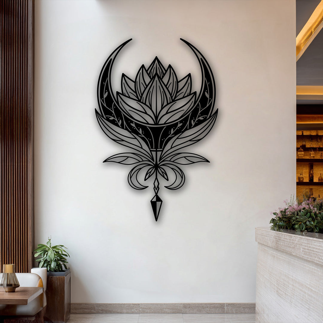 The elegant mood of this modern interior is enhanced by the striking Celestial Lotus Emblem metal wall decor, creating a serene ambiance.