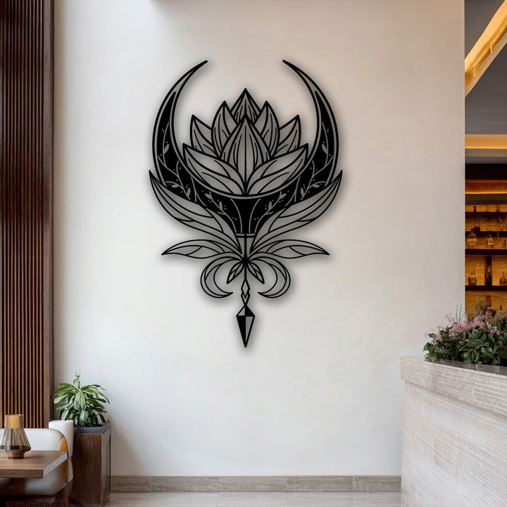 The elegant mood of this modern interior is enhanced by the striking Celestial Lotus Emblem metal wall decor, creating a serene ambiance.