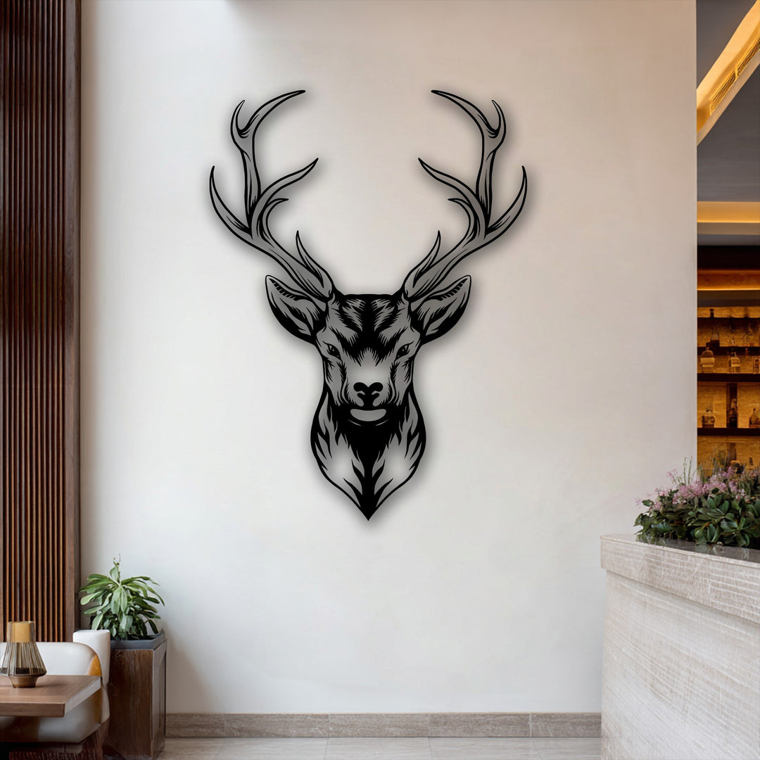 A majestic deer head metal wall art with a modern wildlife antler design, perfect as a sophisticated decoration wall art piece.