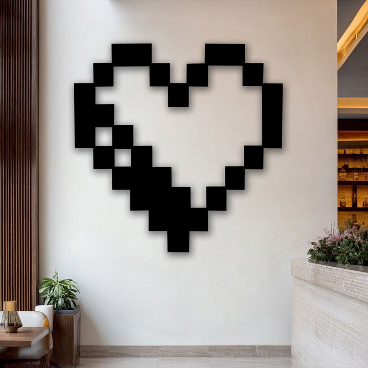 The realistic detail of the black pixel heart metal wall art, featuring crisp edges and a subtle shadow, makes it striking decoration wall art.