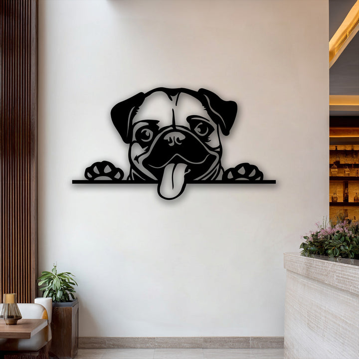 The distinct edges and borders of the playful pug dog decorative metal art sculpt its silhouette, peeking with paws and tongue.