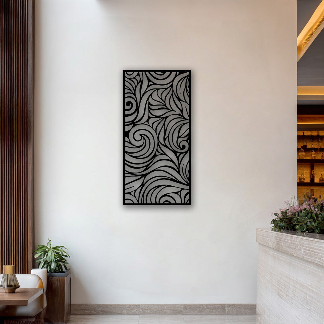 A light, uncluttered wall provides a clean background for the ornamental metal wall decor, complemented by a slatted wooden panel and a warm, inviting bar area.