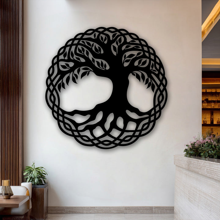 The visual rhythm of the intricate Celtic Tree of Life Circle metal artwork showcases a graceful, flowing nature-inspired design.