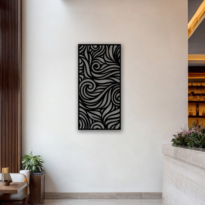 Geometric elements on this decorative metal art showcase intricate, flowing black and grey swirl patterns, forming a modern panel decor.