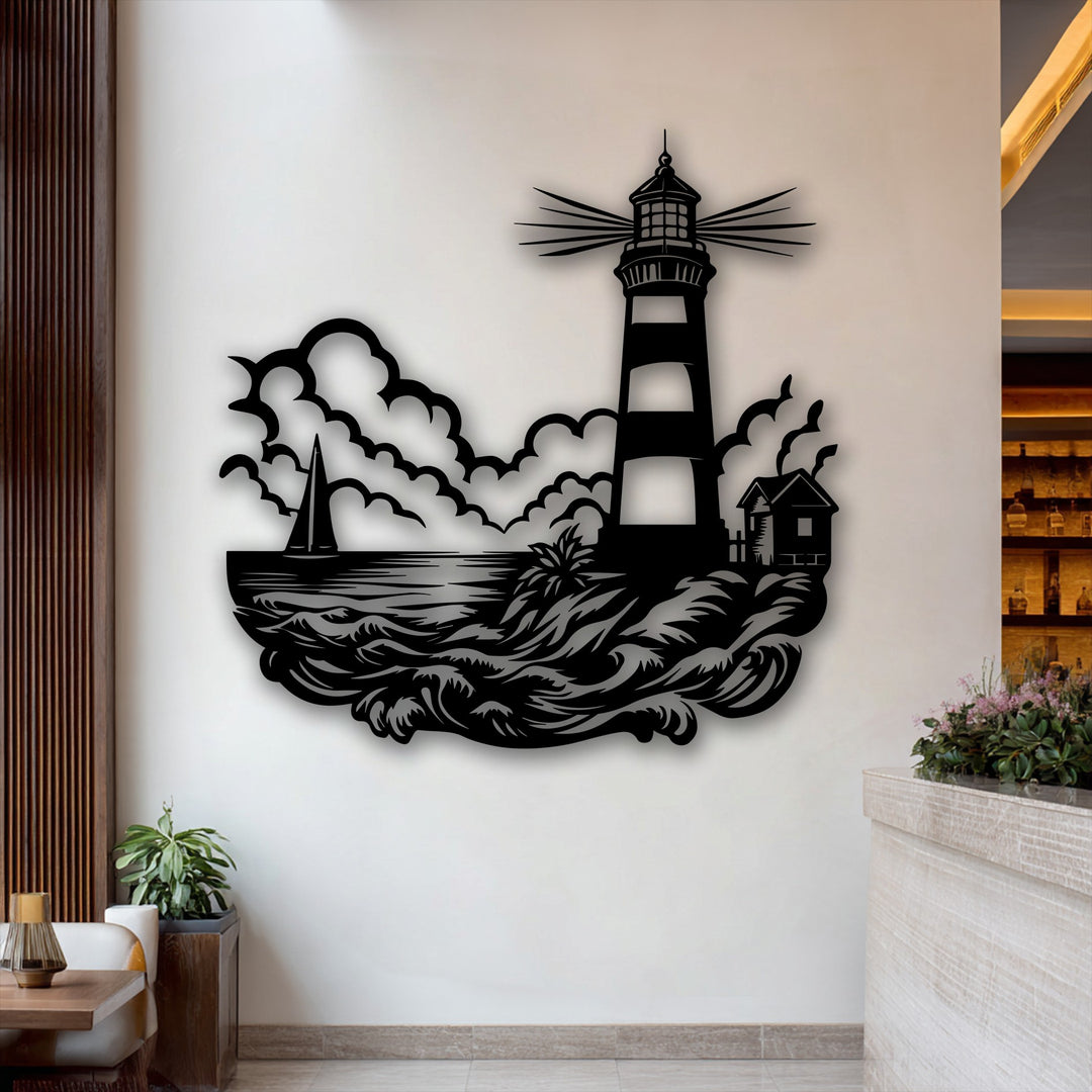 Swirling ocean waves and a quaint coastal hut form the foreground of this unique metal wall art, depicting a sailboat under a guiding lighthouse.