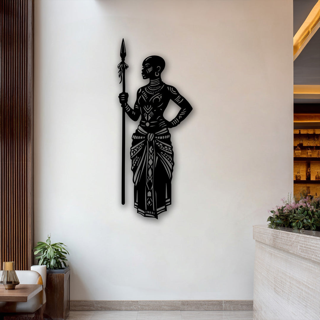 The abstract quality of this tribal African warrior holding a spear creates compelling metal art for wall decor, featuring stylized patterns.